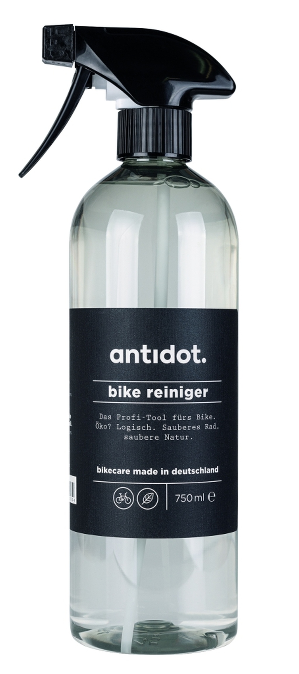Antidot bike Reiniger 750ml Art.Nr.: 601441486 • 100% biologisch abbaubare Basis • Flasche aus 100% recyceltem PET • Bringt jedes Fahrrad und E-Bike zum Glänzen • Entfernt auch hartnäckige Rückstände • Einfach in der Anwendung • Auch als Nachfüllpack erhältlich
